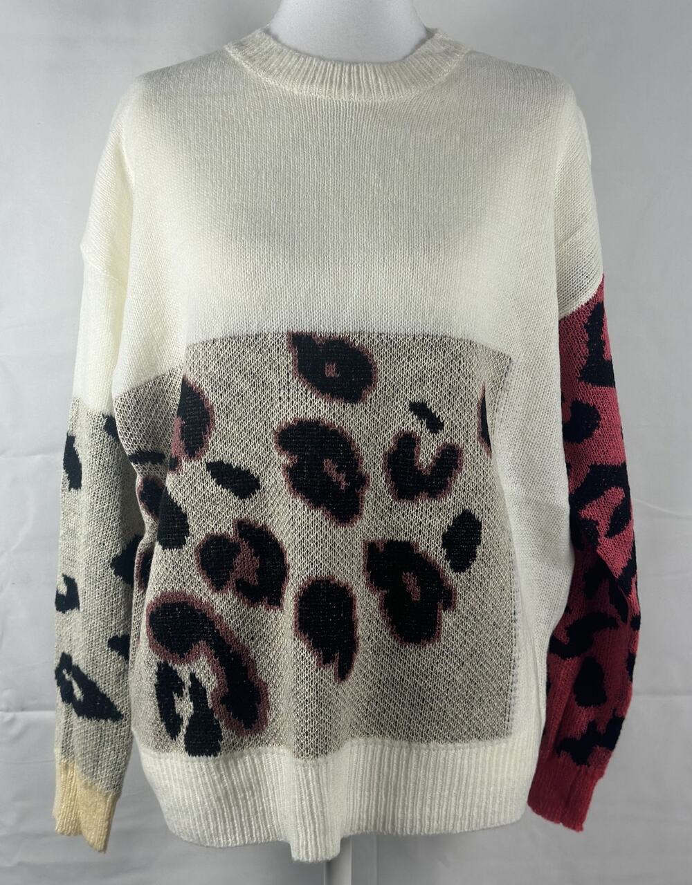 NWT Mainstrip Leopard Colorblock Lightweight Knit Sweater Size Large